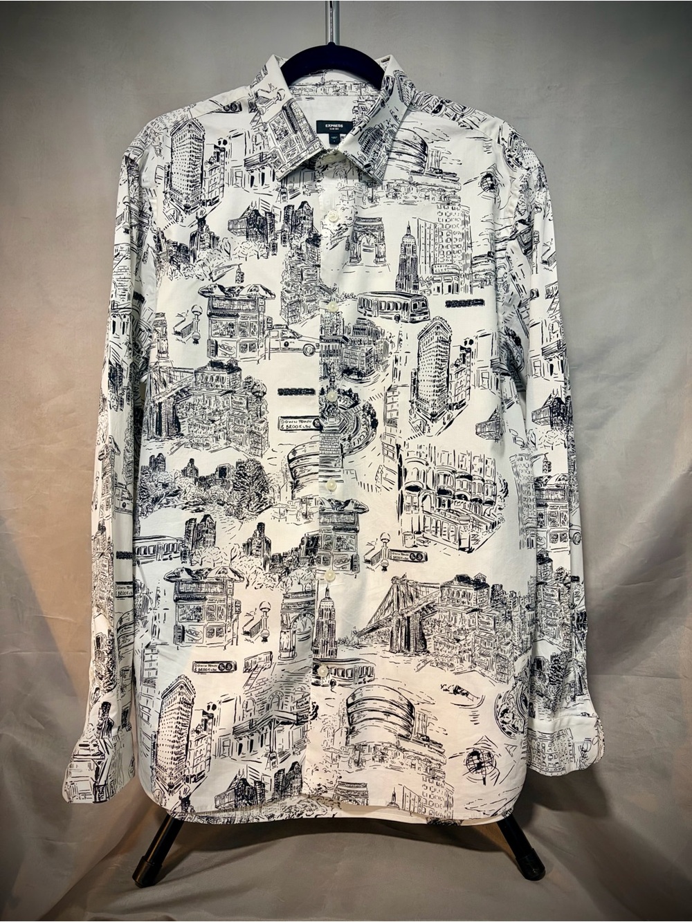 Express Slim 1MX Men's New York City Sketch Print Button Up Dress Shirt Large